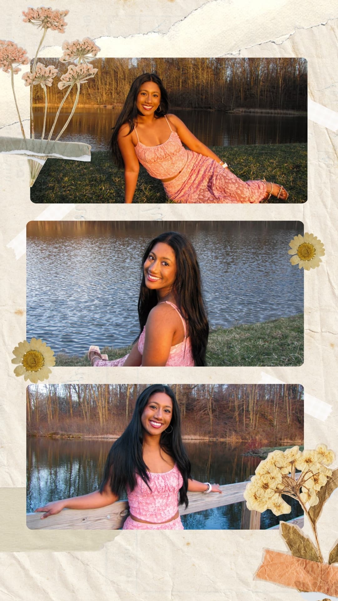 Maya in various casual settings - on a scooter, in flower fields, at a love mural, and with animal sculptures
