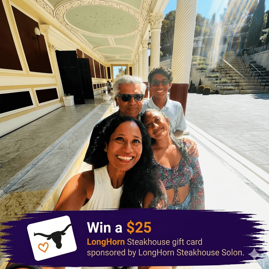 A smiling family taking a selfie outdoors, with a LongHorn Steakhouse gift card giveaway banner