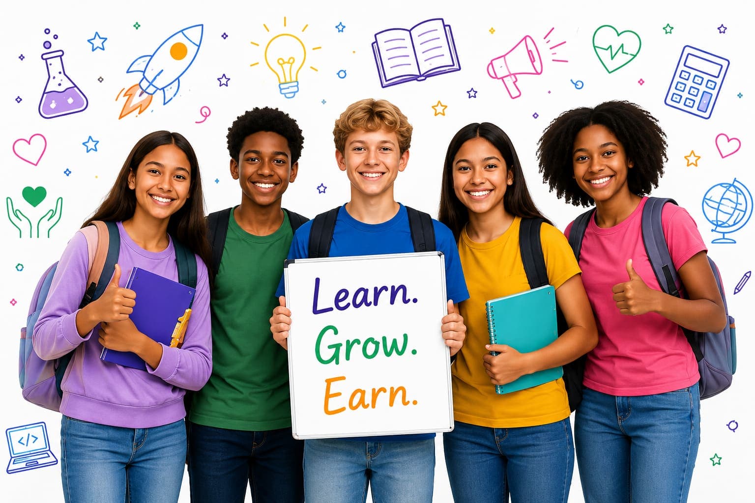 Ready to Learn students holding a Learn. Grow. Earn. sign