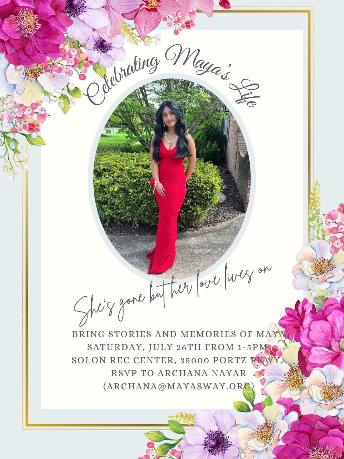 Celebrating Maya's Life Event Flyer