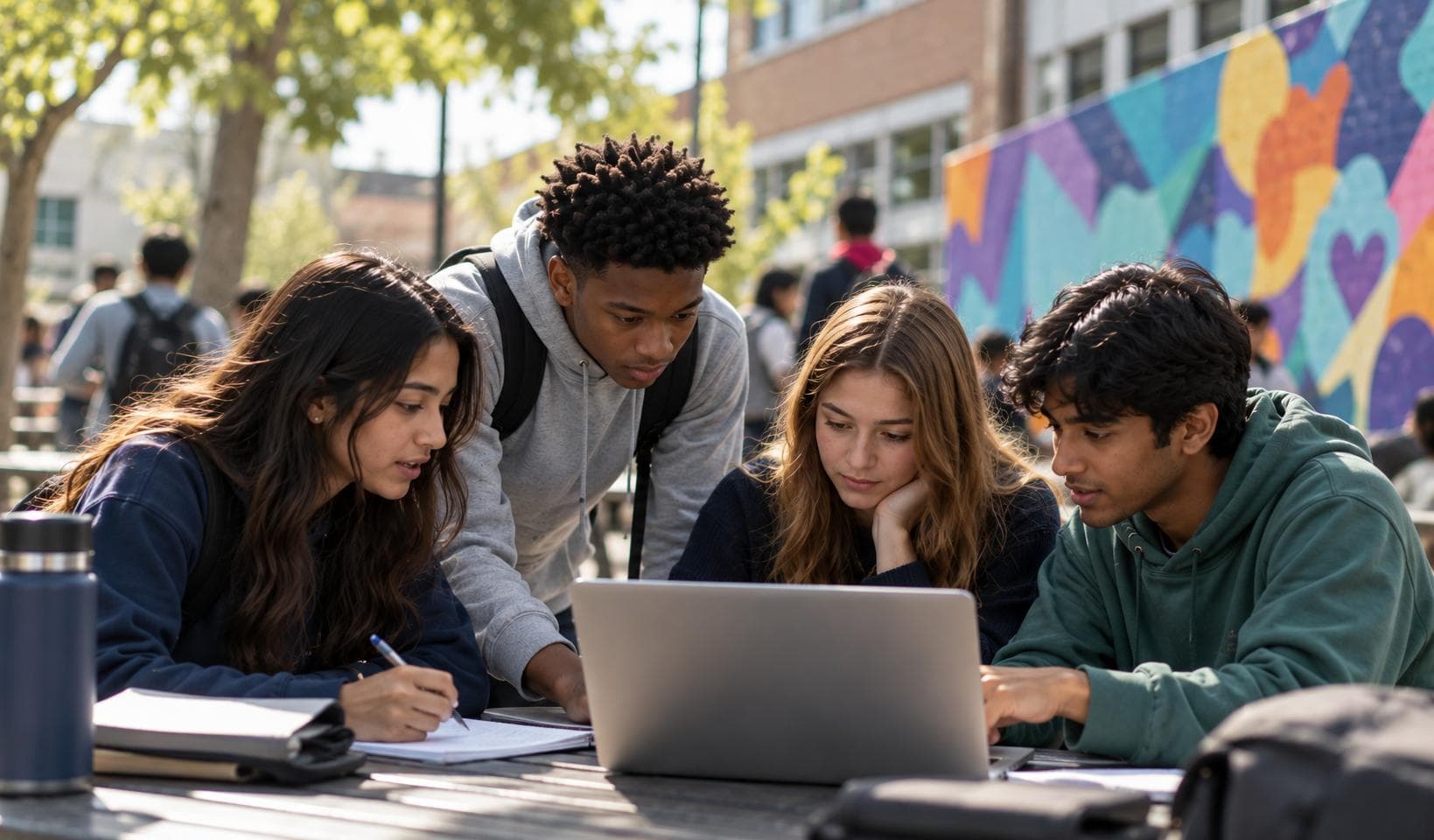 Four high school students collaborating around a laptop outdoors in front of a colorful campus mural