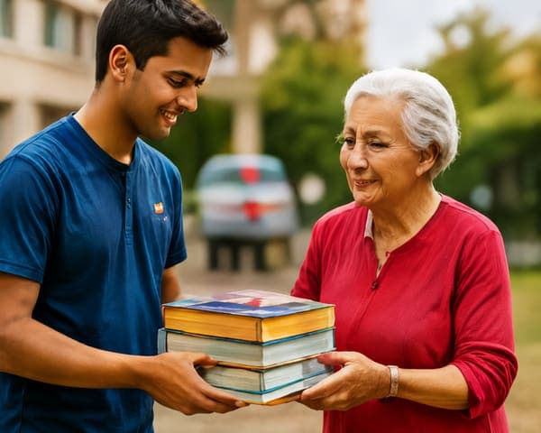 Young person donating books to an elderly woman