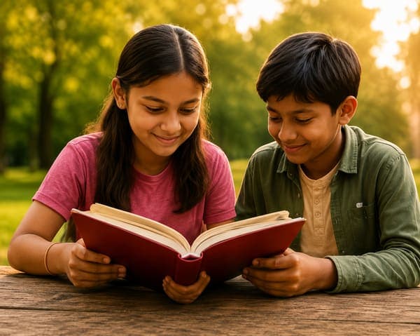 Two children reading a book together