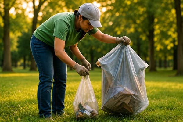 Volunteer picking up litter in a park