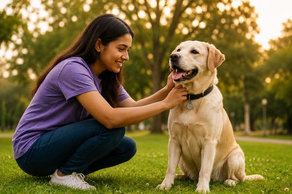 Student sitting on grass and petting a dog