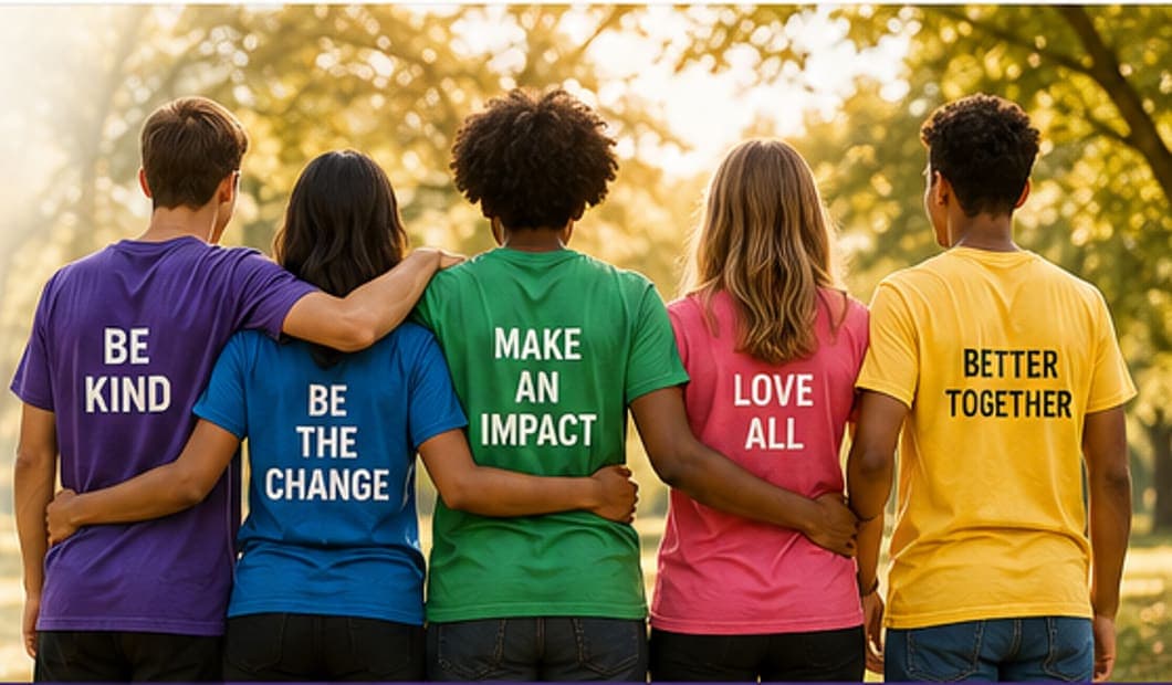 Five people standing together in a park wearing colorful shirts with messages of kindness and community