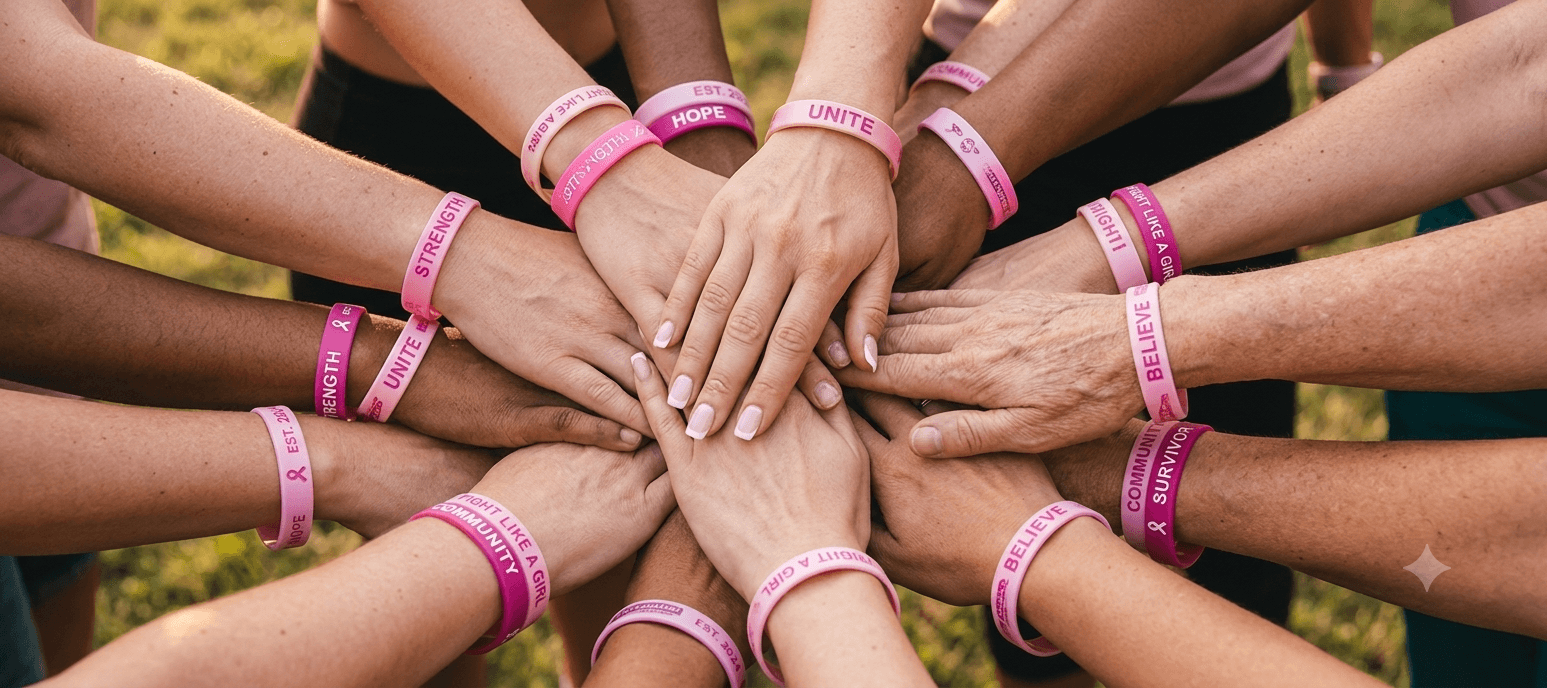 Hands stacked together wearing Maya's Way wristbands