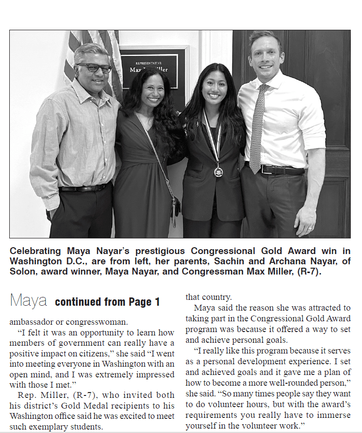 Solon Times article image for Maya Nayar Congressional Gold Award recognition