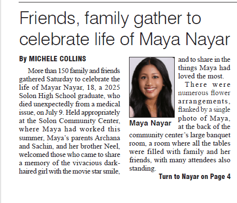Solon Times article image about Maya Nayar celebration of life