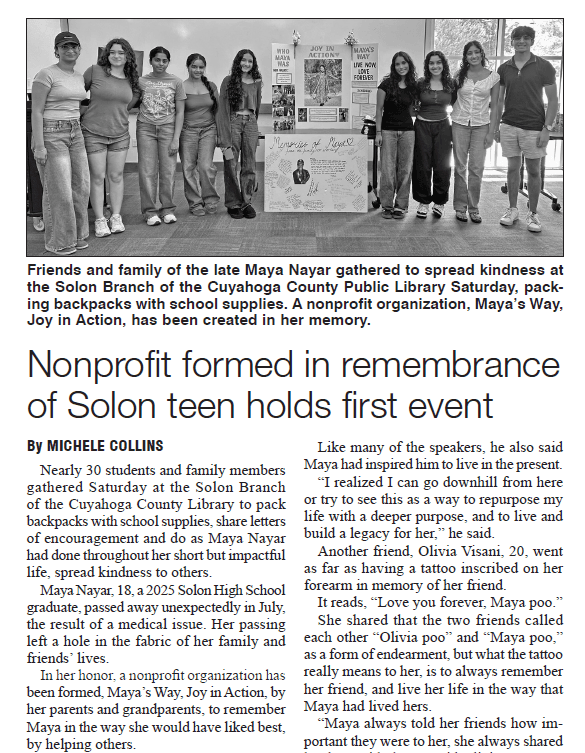 Solon Times article image about Maya’s Way first event
