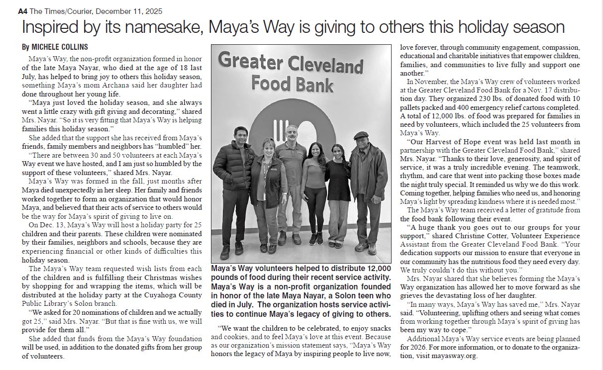 Solon Times article image about Maya’s Way holiday giving