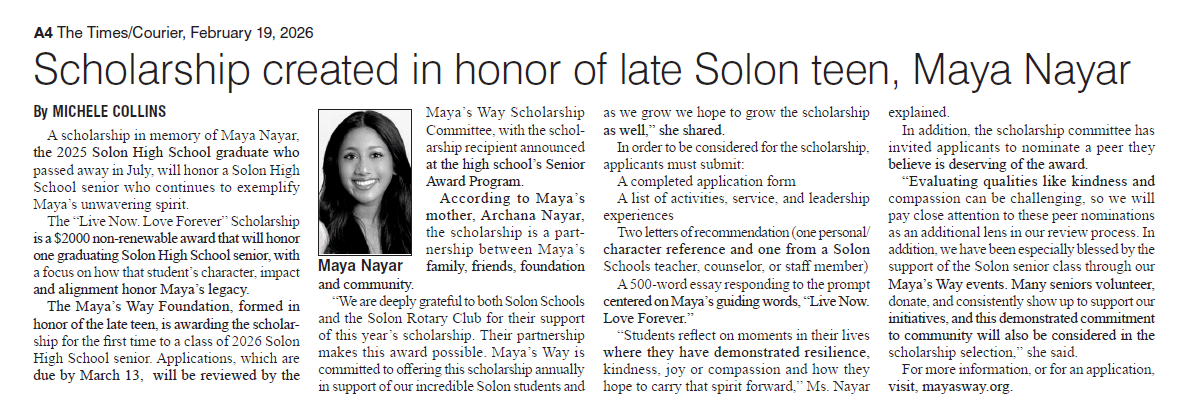 Solon Times article image for Maya Nayar scholarship announcement
