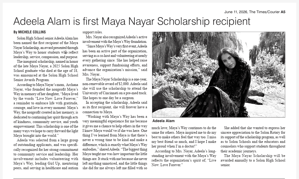 Solon Times article image for Adeela Alam Maya Nayar Scholarship recipient