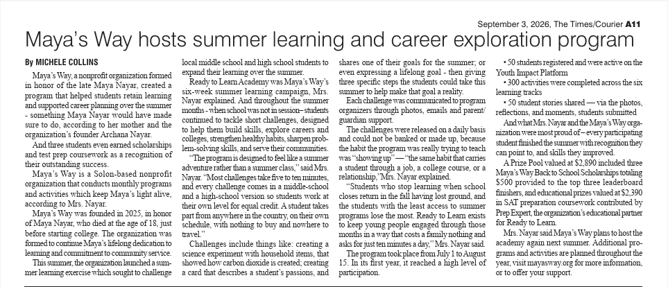 Solon Times article image for Maya’s Way Ready to Learn Academy summer program